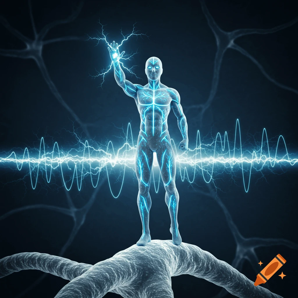 Glowing humanoid superhero with electrical currents, standing on a neural structure against a dark background.