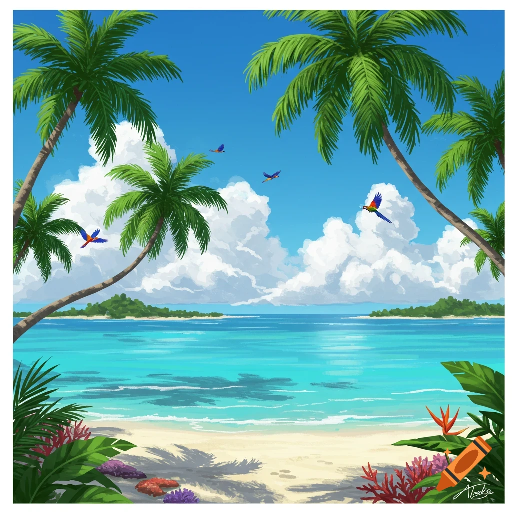 A vibrant illustration of a tropical beach with turquoise ocean, white sand, and lush palm trees. Colorful parrots fly under a clear blue sky.