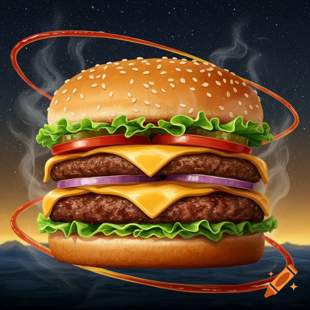 A massive, photorealistic double cheeseburger with toppings, floating in a starry space with a glowing red ring and steam.