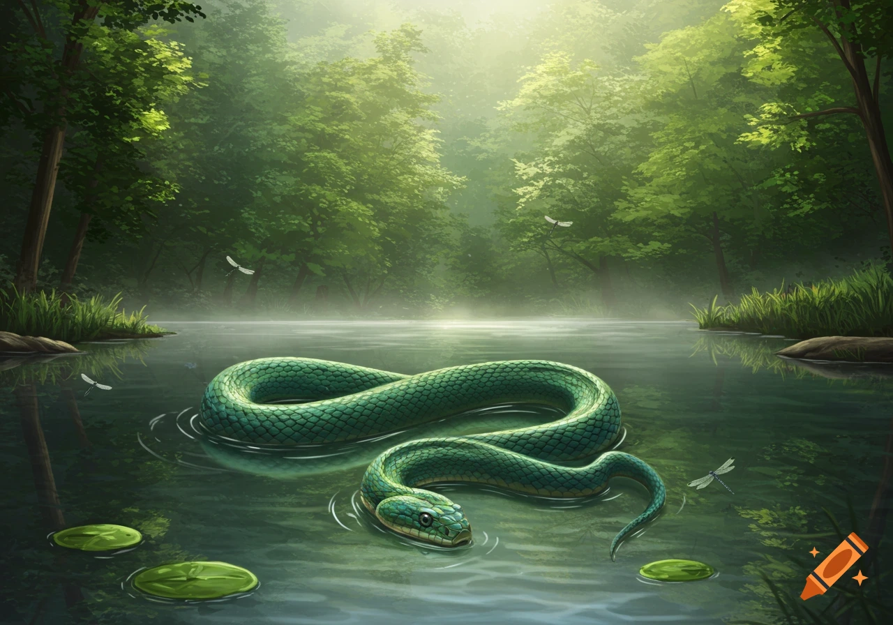 A vibrant green snake swims in a misty lake surrounded by lush green trees, with dragonflies flitting about.