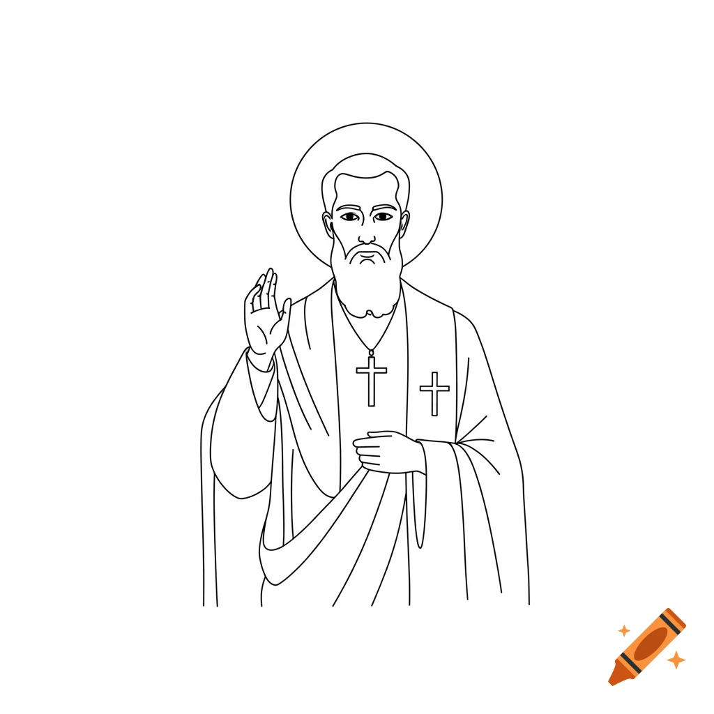 A simple line drawing of a bearded priest with a halo, wearing a robe, and holding a hand up in blessing.