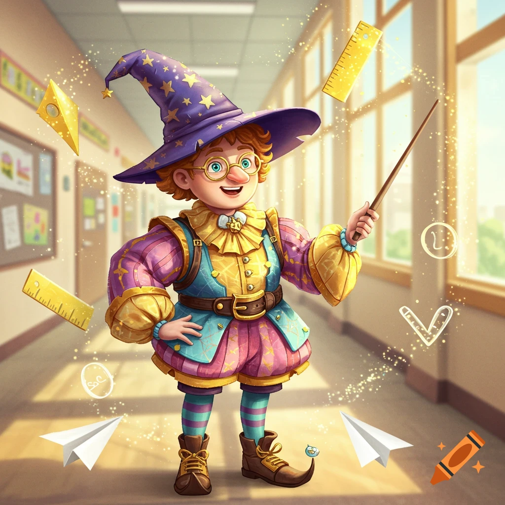 A smiling, cartoonish wizard-like character in a purple hat and colorful outfit stands in a school hallway, holding a magic wand, surrounded by floating rulers and paper airplanes.