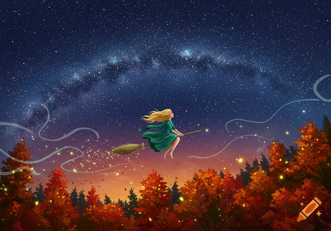 Illustrated blonde witch in a green dress flying on a broom over a vibrant autumn forest at night under a starry sky.