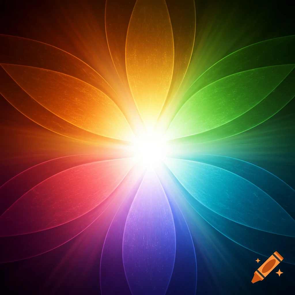 A vibrant abstract pattern with a bright white light at the center, surrounded by radiating, petal-like zones of rainbow colors.