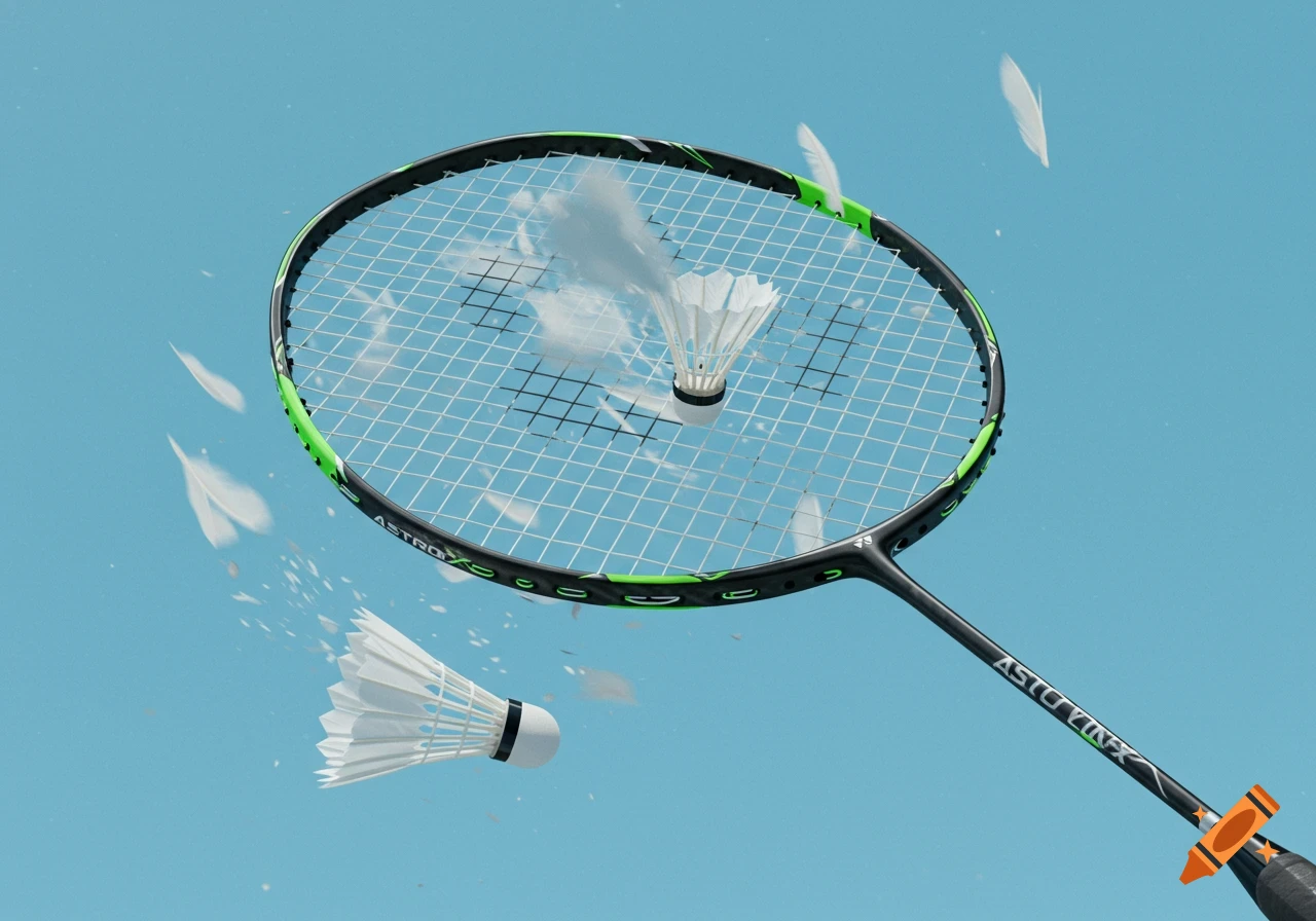 A black and green badminton racket with two white shuttlecocks and scattering feathers against a bright blue background.