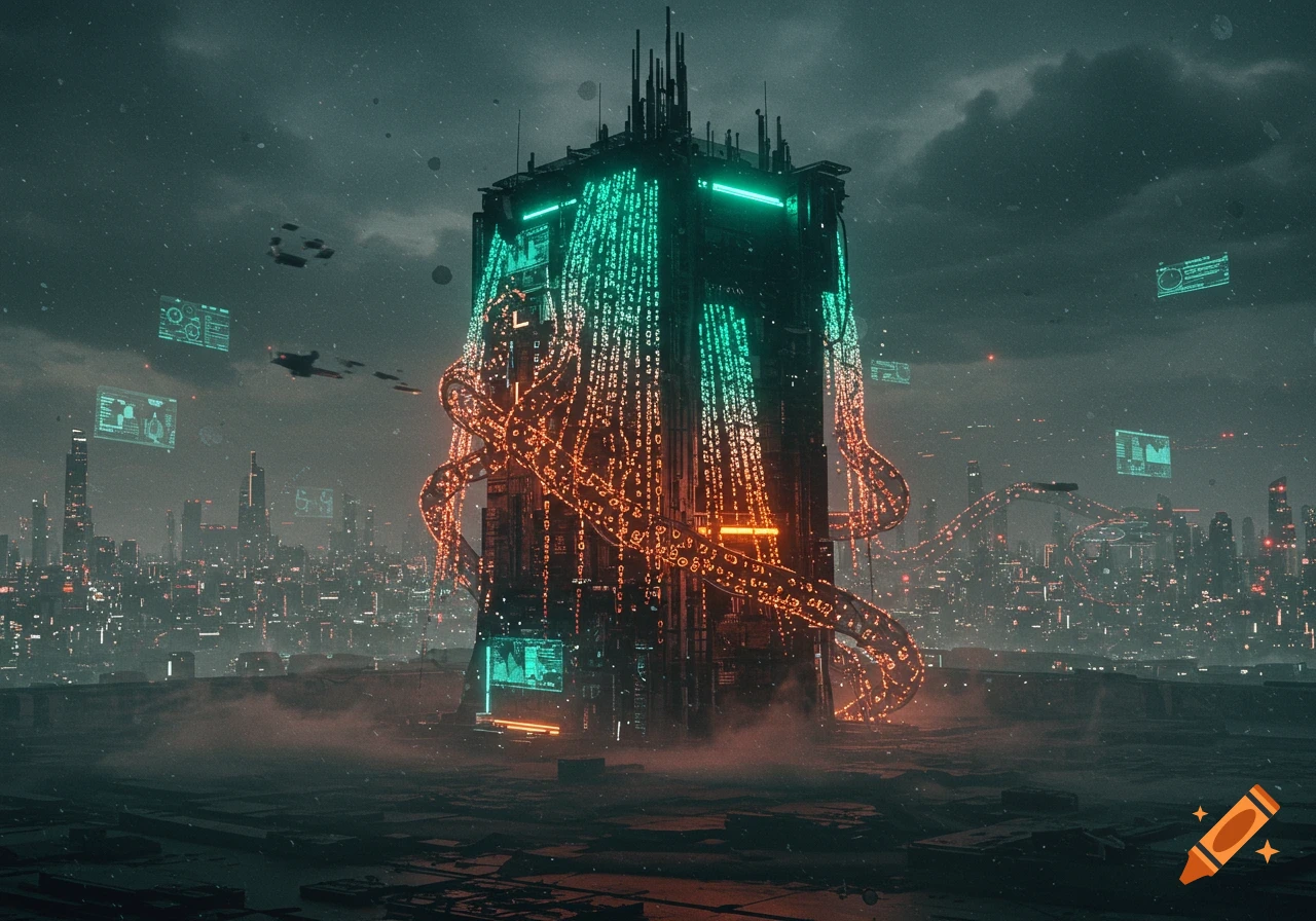 A dark, futuristic cityscape with a towering building covered in glowing green and orange digital data streams, under a cloudy sky.