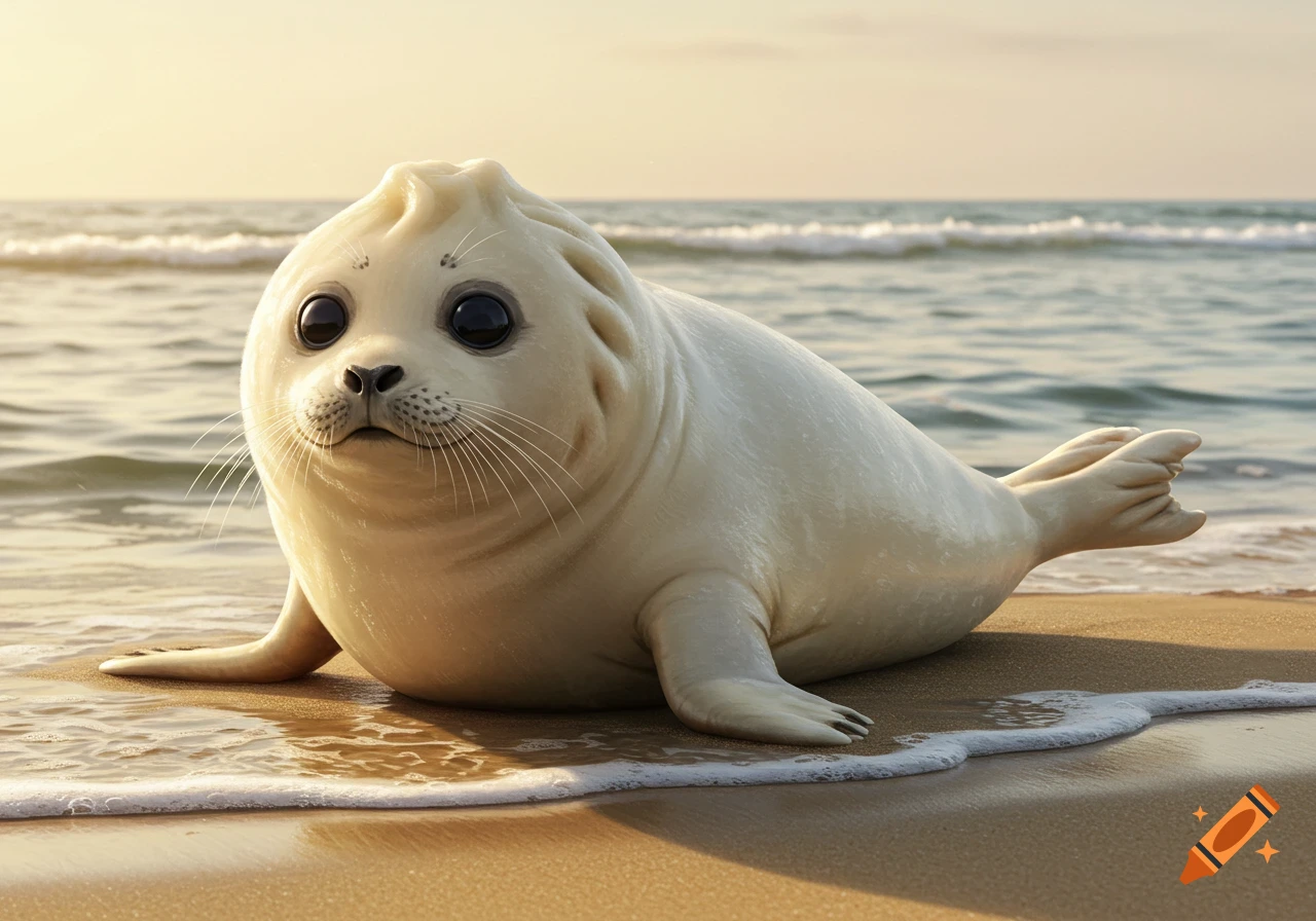 A cute, photorealistic baby seal with large dark eyes lies on a wet sandy beach at the ocean's edge.