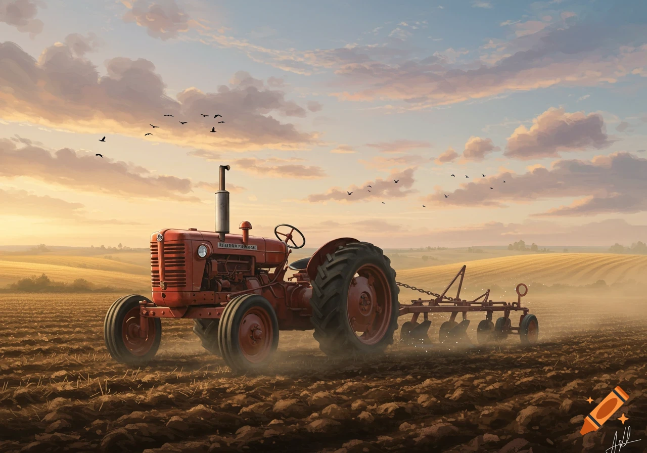 A red vintage tractor with a plow in a tilled field at sunset, with birds flying in the cloudy sky, digital painting.