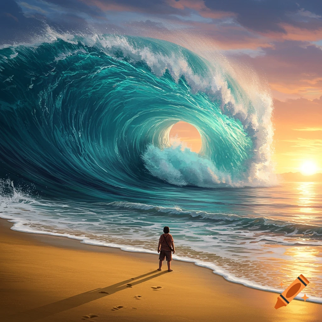 A tiny figure stands on a sandy beach, dwarfed by an enormous, curling teal wave under a sunset sky, painterly style.