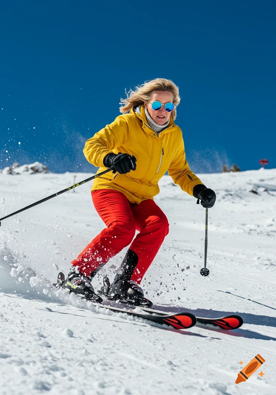 A photorealistic image of an older woman in a yellow jacket and red pants skiing downhill on a sunny, snowy slope, kicking up snow.