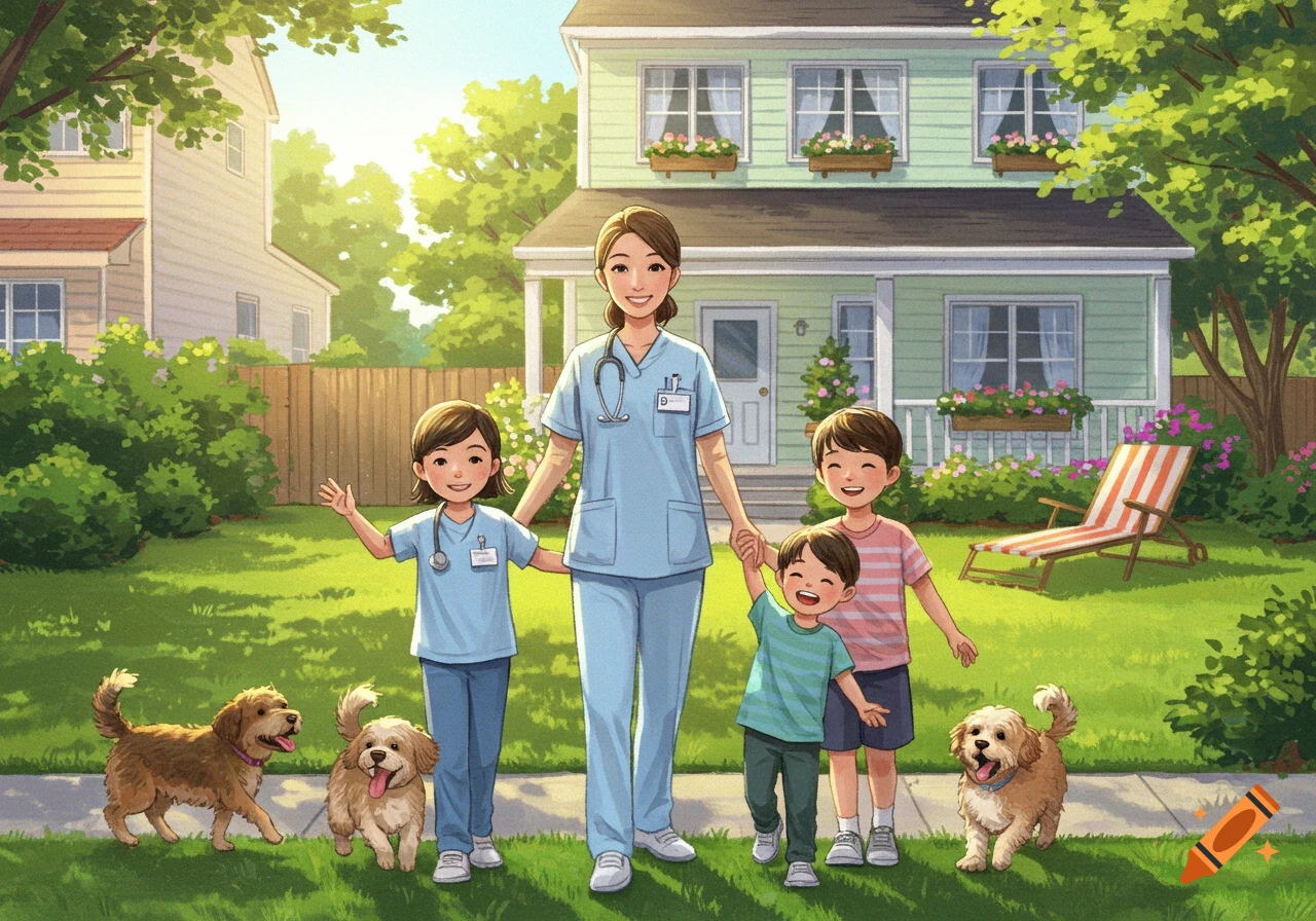 A nurse, three smiling children, and two happy dogs stand on a sunny lawn in front of a house, in a friendly cartoon style.