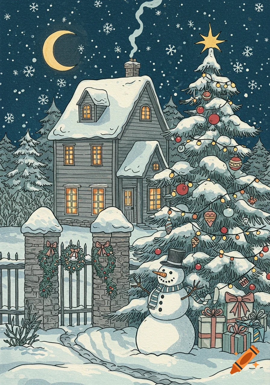 A whimsical line art illustration of a snowy Christmas scene with a cozy house, a decorated Christmas tree, and a snowman under a crescent moon.