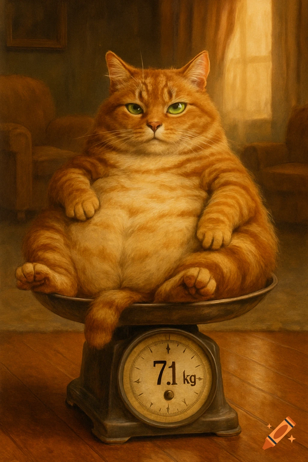 An obese orange tabby cat with green eyes sits sternly on an antique weighing scale displaying '7.1 kg', in a detailed painting style.