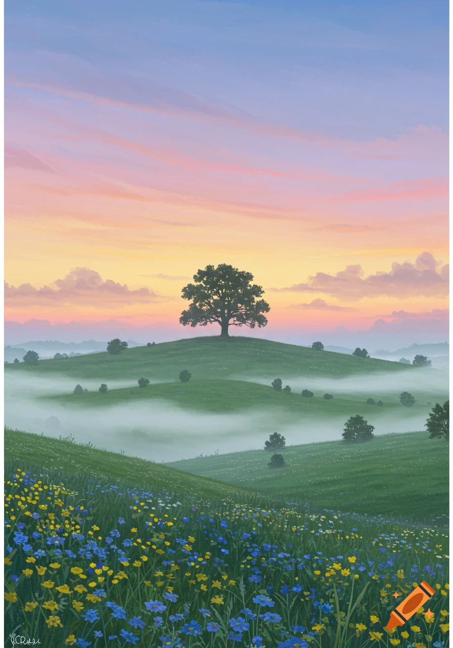 Digital painting of a lone tree on a misty hill at sunrise, with a foreground of yellow and blue wildflowers.