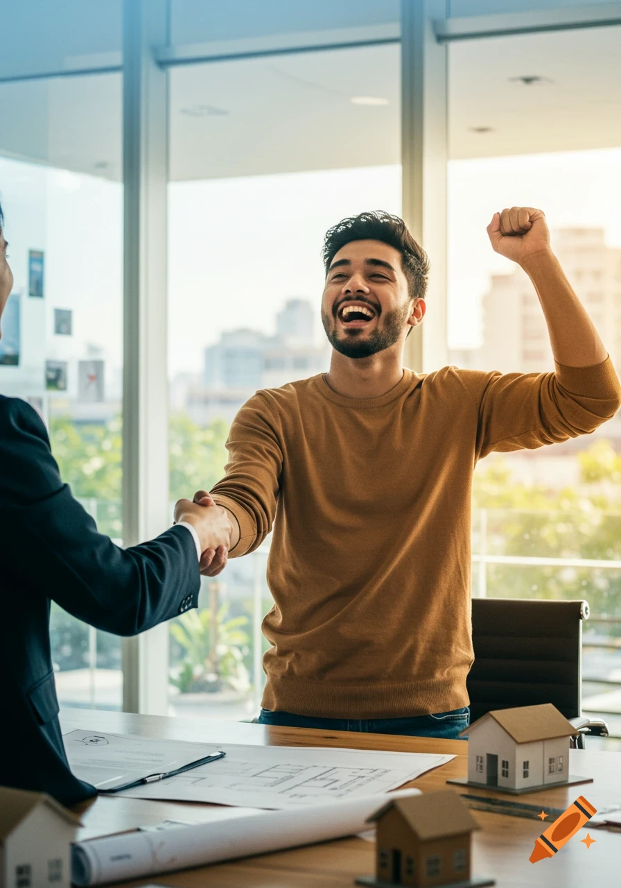 Happy man shaking hands with a person in a suit over a desk with model homes and blueprints in an office.