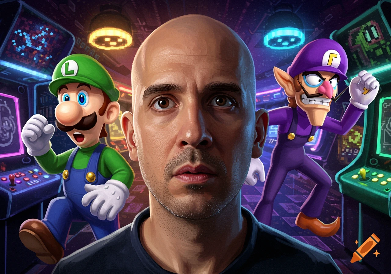 Photorealistic bald man gazing forward, flanked by cartoon Luigi and Waluigi in a neon-lit arcade.