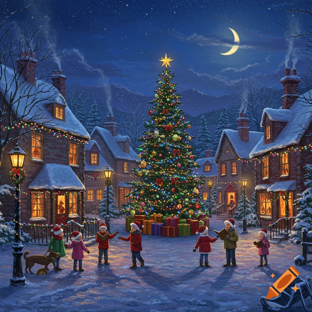 An illustration of children caroling around a large, lit Christmas tree in a snowy village square at night.