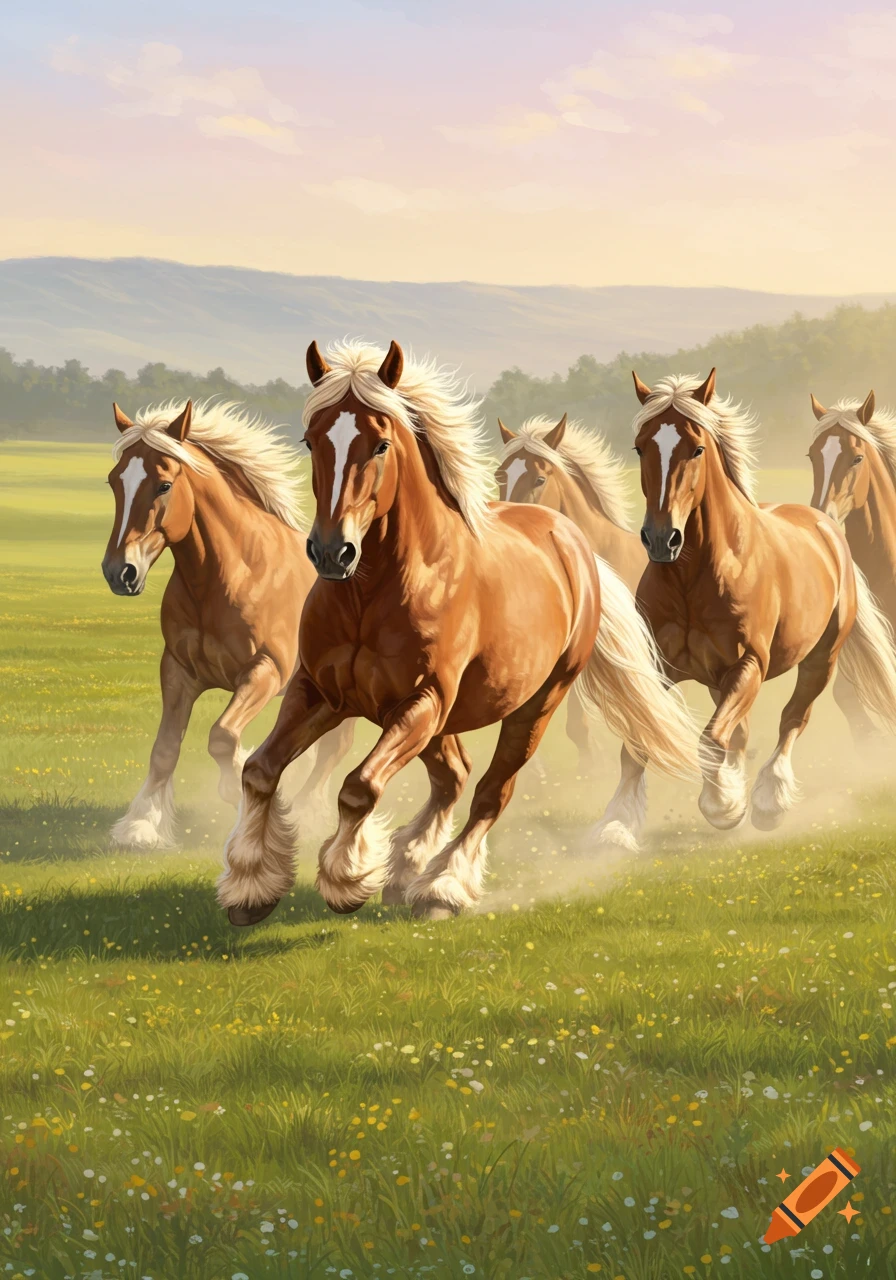 A herd of brown horses with white manes and feathered hooves gallop through a sunny green field.
