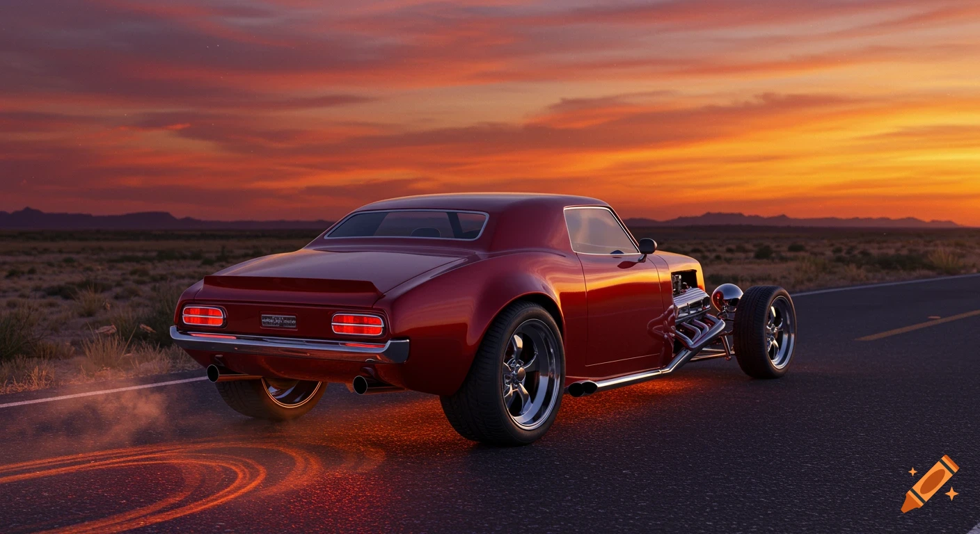 A red hot rod speeds down a desert road at sunset, leaving glowing tire tracks.