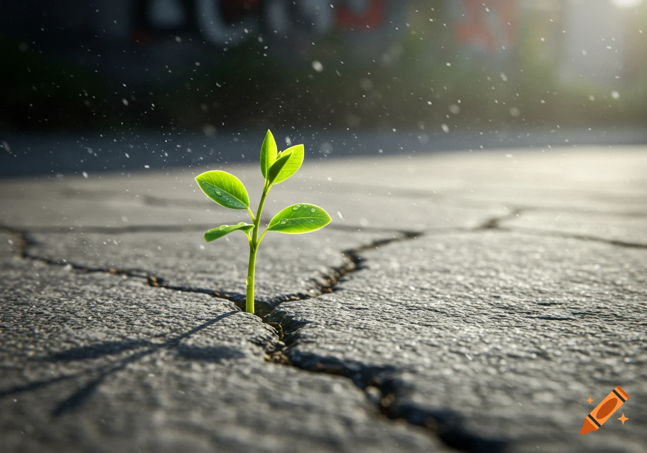A vibrant green sprout emerges from a crack in dark grey concrete, illuminated by a bright sunbeam and falling water droplets.