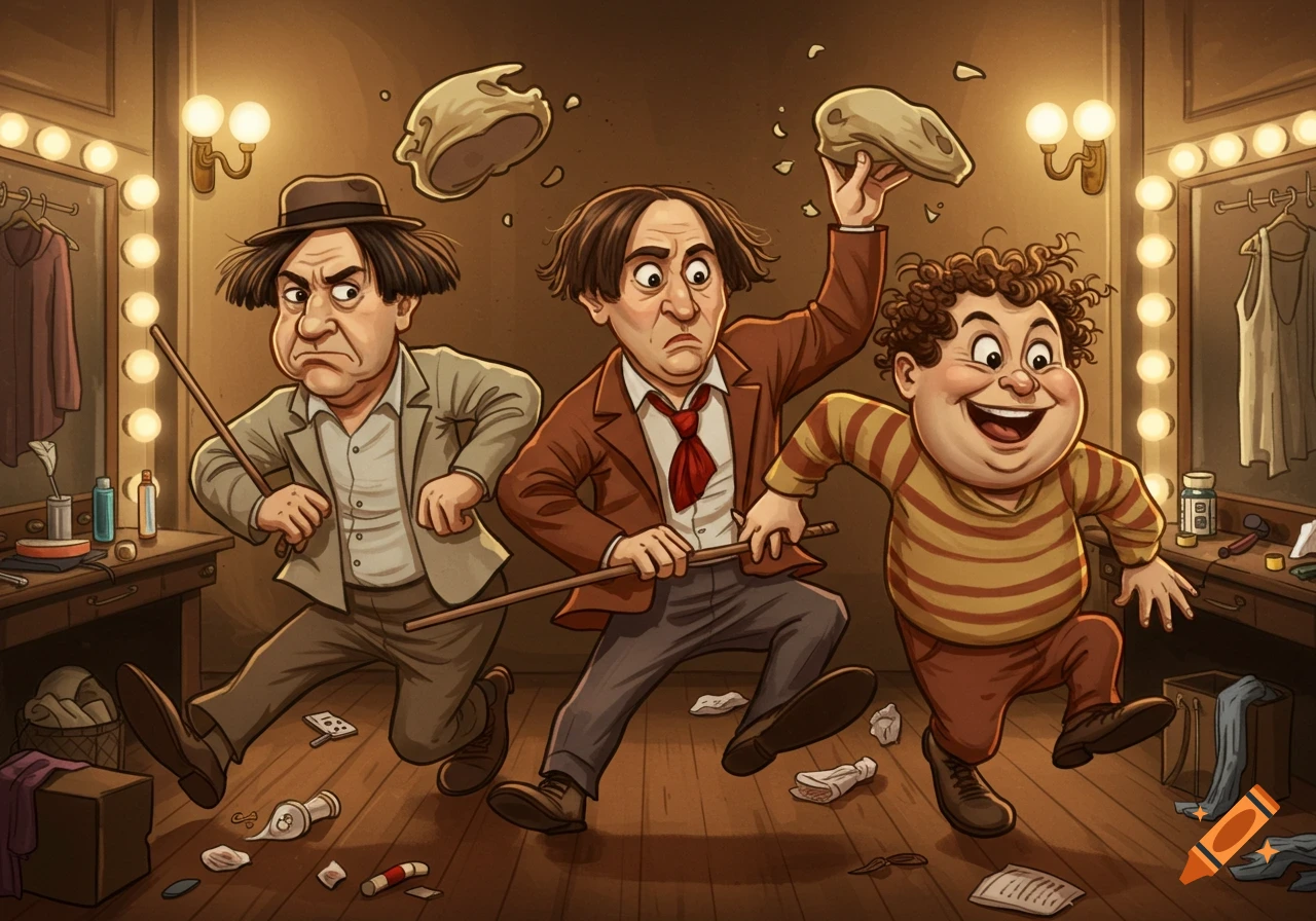 Three cartoon men resembling the Three Stooges are in a chaotic dressing room. One holds a rock, another a stick, and the third runs happily.