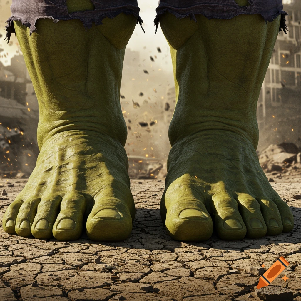 Closeup of the Incredible Hulk's large, green, bare feet standing on cracked, dry earth with a destroyed city in the background.