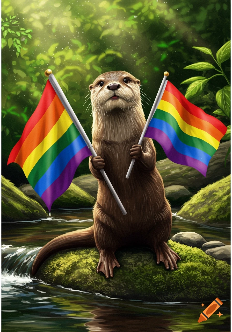 A charming river otter stands in a lush green forest by a stream, proudly holding two rainbow pride flags.