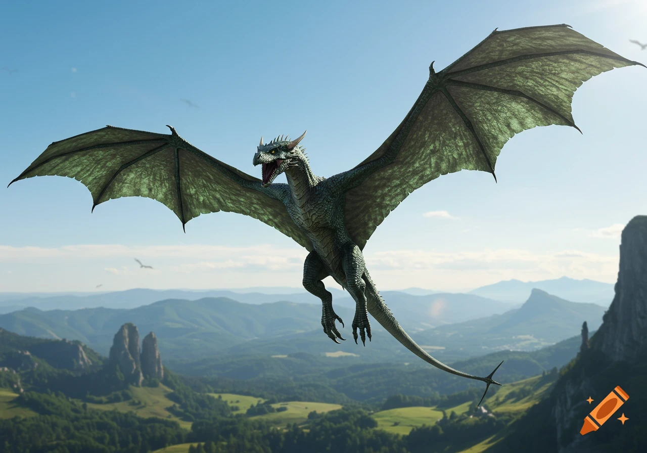 A majestic green wyvern with large wings flies over a vast mountainous landscape under a clear blue sky.