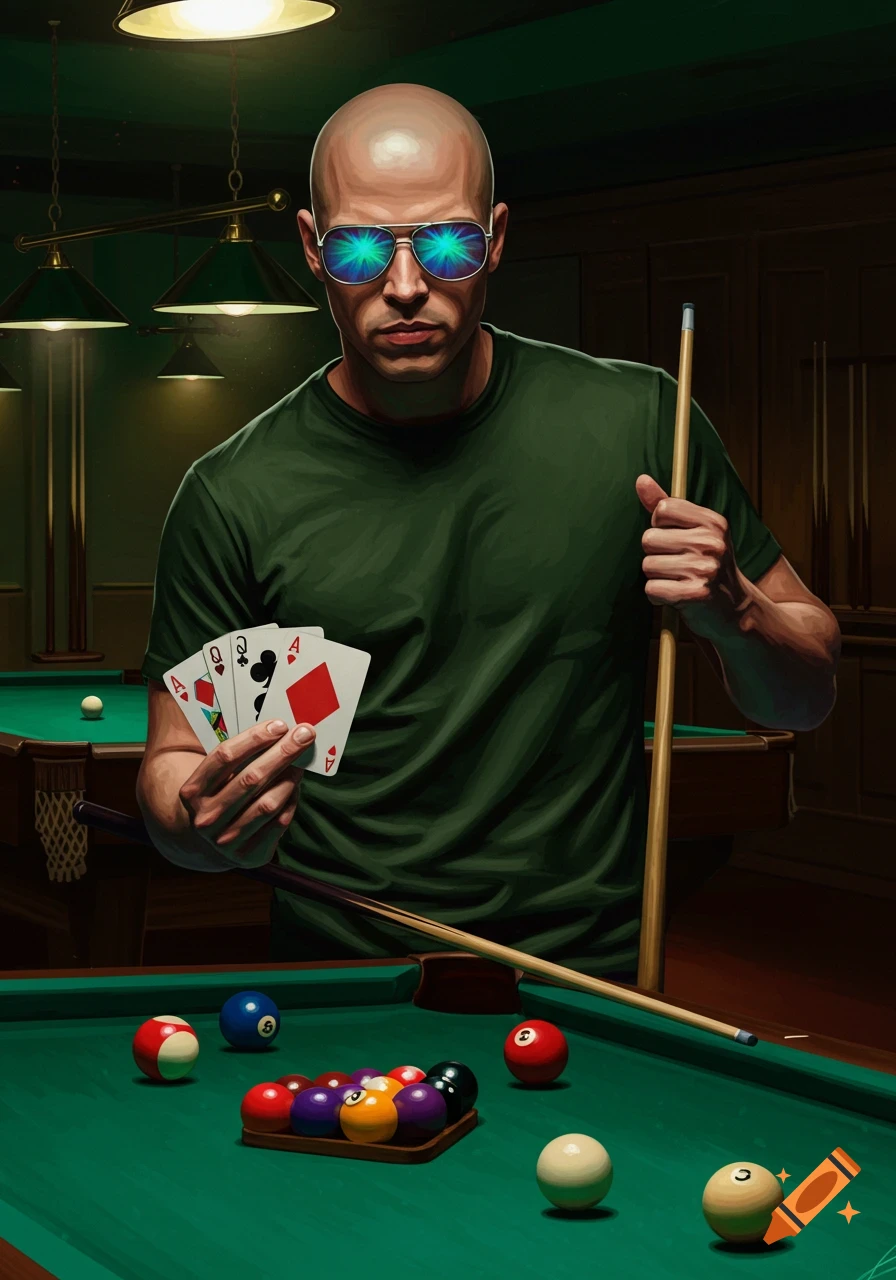 Bald man in sunglasses and green shirt holds a pool cue and four aces playing cards in a dimly lit pool hall with billiards.