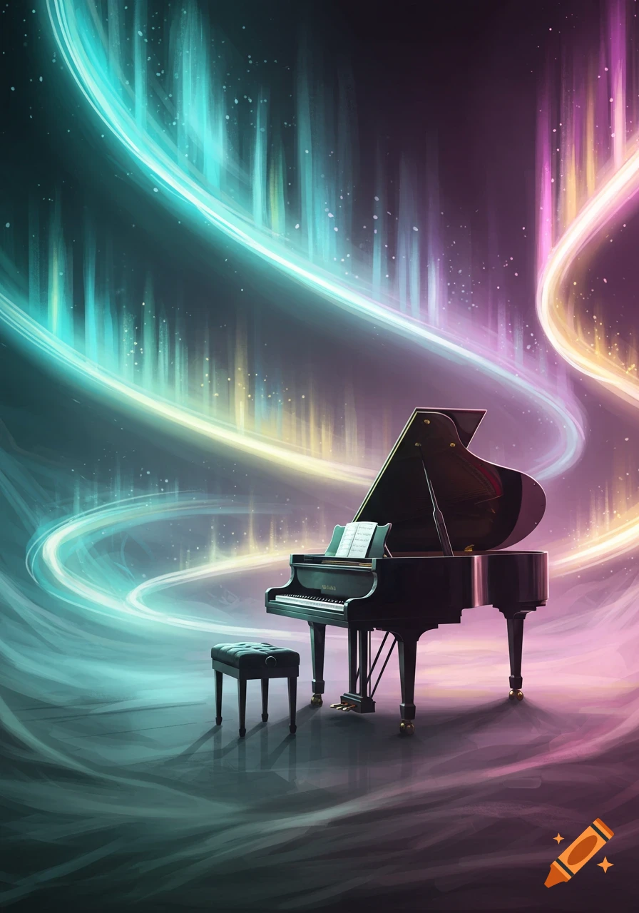 A black grand piano with a matching bench sits against a vibrant, flowing background of teal, yellow, and purple light trails.