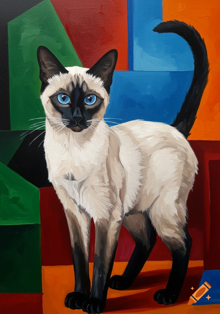 Cubist oil painting of a Siamese cat with blue eyes, black points, and a beige body, against a background of green, red, blue, and orange geometric shapes.