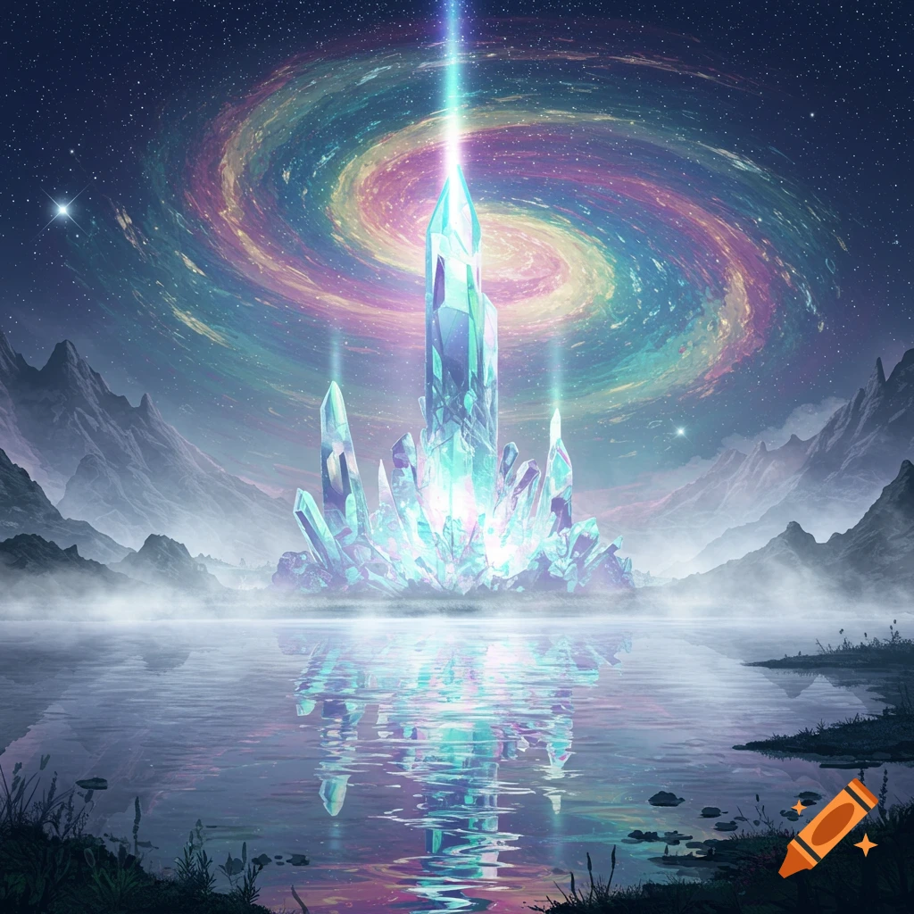 A vibrant crystal formation emits light, reflecting in a lake, set against mountains under a starry sky with a colorful spiral galaxy.