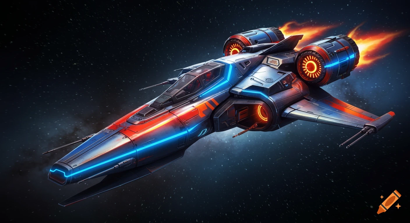 A sleek, futuristic sci-fi starfighter with neon blue and orange lights, featuring powerful engines with red flames, flying through space.