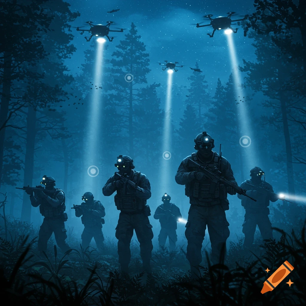 Soldiers with rifles and night vision goggles patrol a dark forest, illuminated by drones.