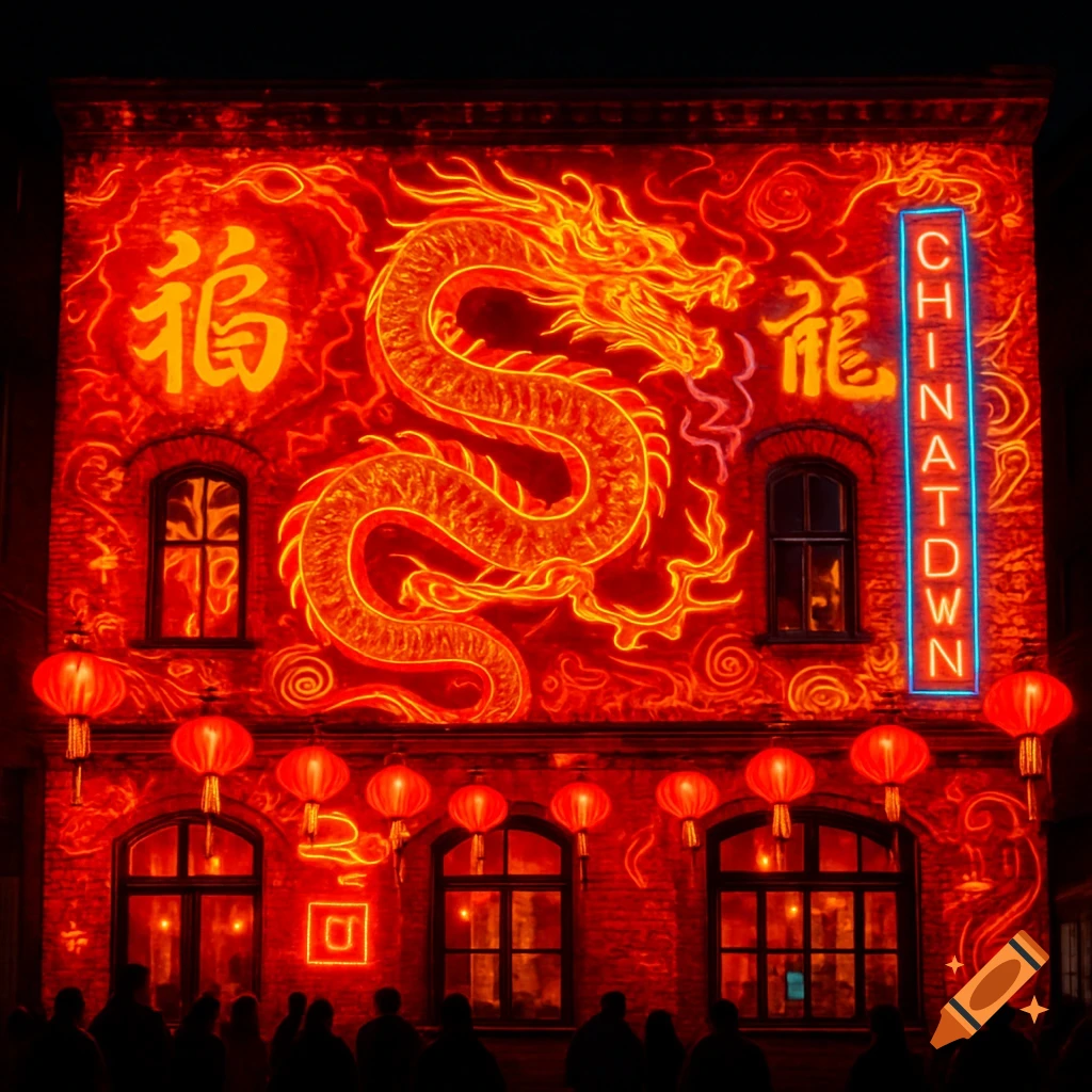 Chinatown building facade at night, illuminated by red projection mapping of a glowing dragon, traditional Chinese characters, red lanterns, and a blue neon 'CHINATOWN' sign.