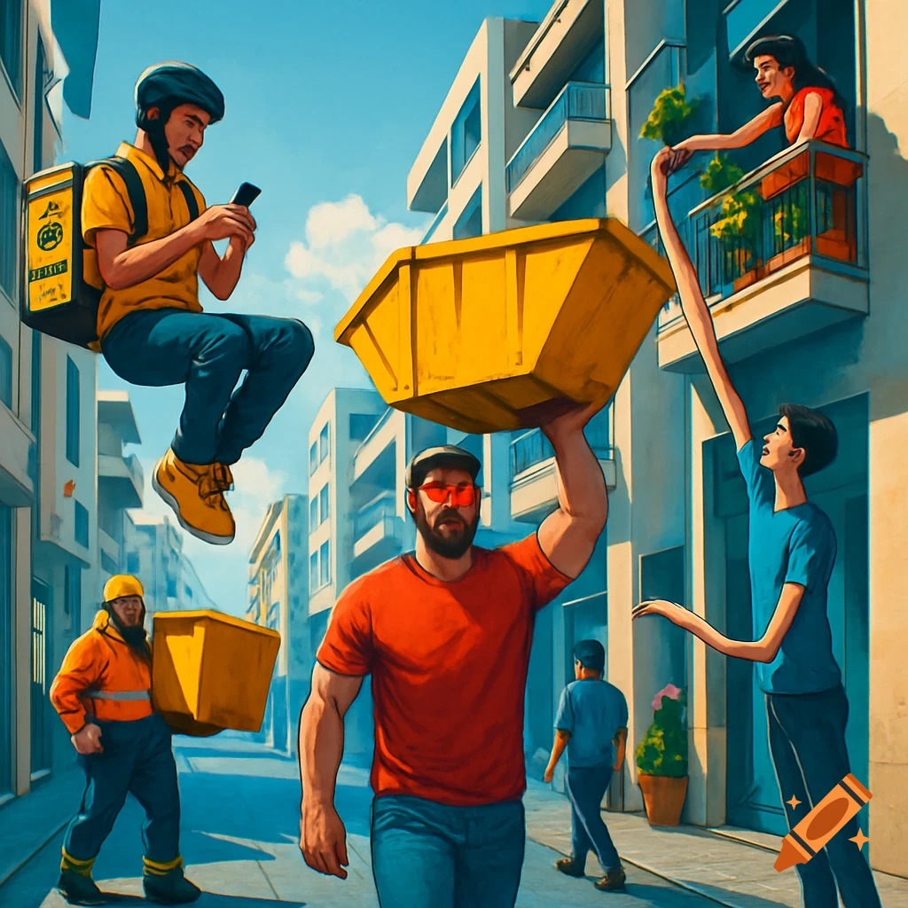 A stylized cityscape where people use superpowers for daily tasks, including a flying delivery man, a man carrying a skip with super strength, and a man stretching his arms to reach a balcony.