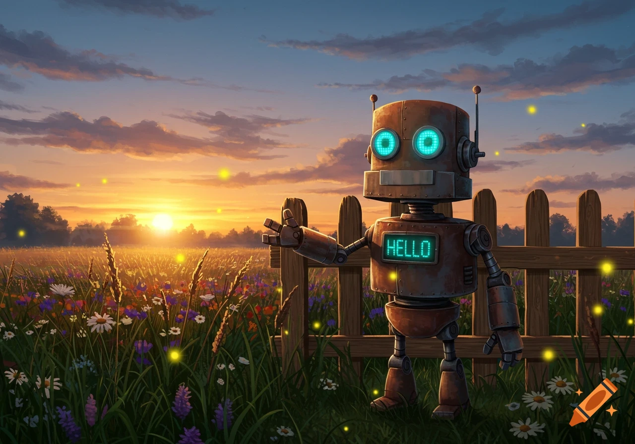 Rusty robot with 'HELLO' on chest in a field of wildflowers at sunset with fireflies, digital painting.