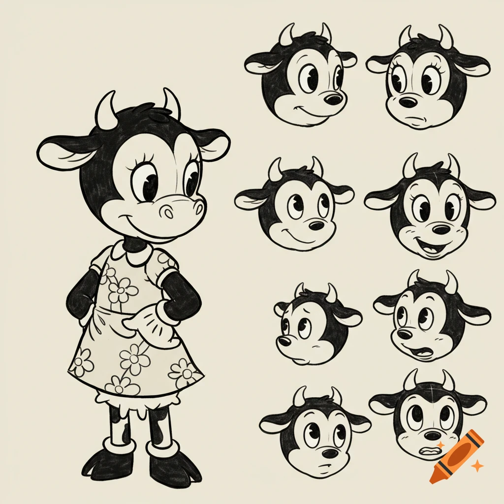 Black and white 1930s cartoon model sheet of a cute cow in a floral dress, with various headshot expressions.