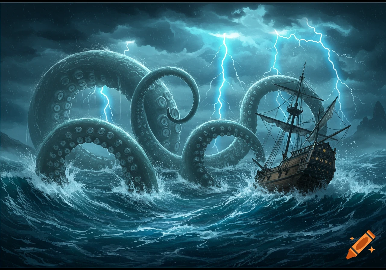 A monstrous kraken emerges from a stormy ocean, its colossal tentacles wrapping around a sailing ship under a lightning-filled sky. Illustration.