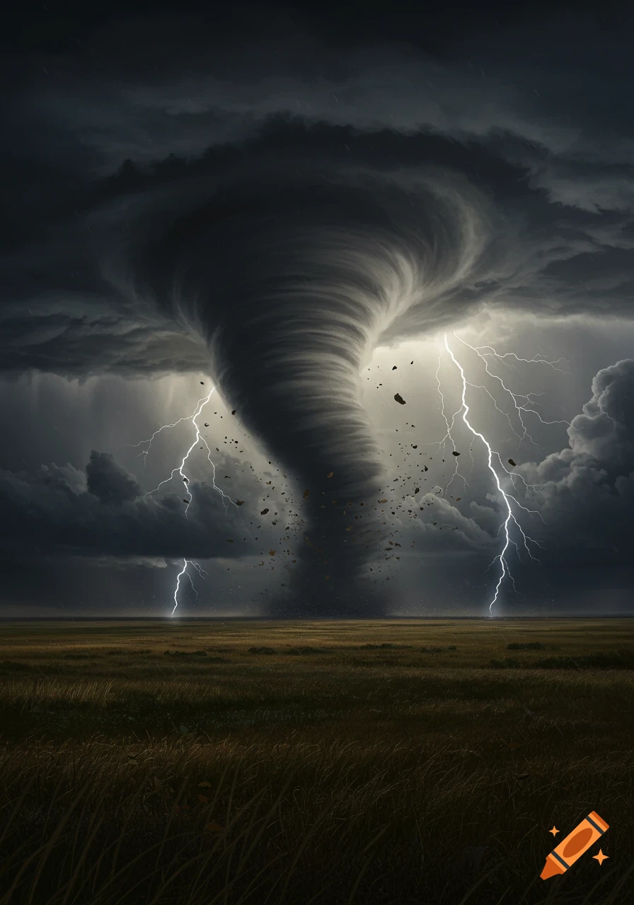 A massive tornado rages in a grassy field under a dark, stormy sky with multiple lightning strikes.
