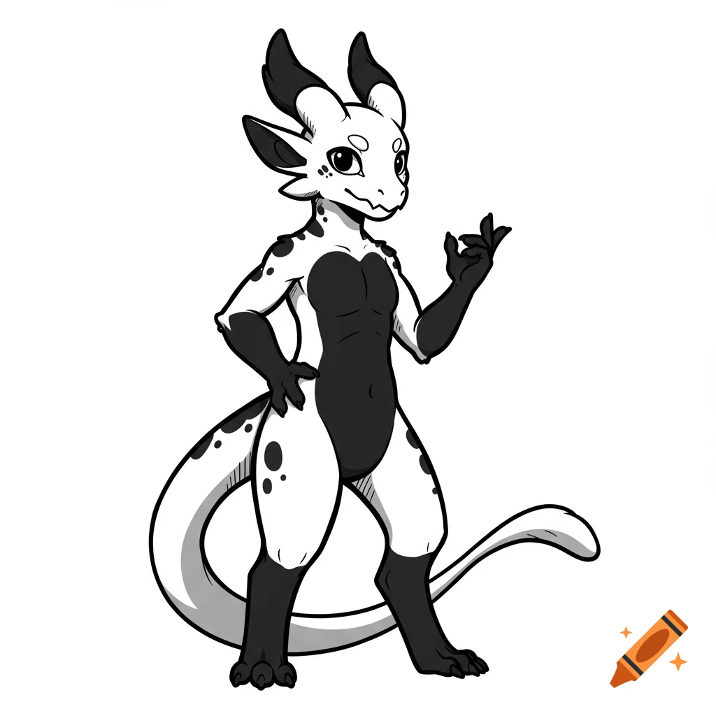 Black and white vector illustration of a confident anthropomorphic dragon standing upright with one paw raised.