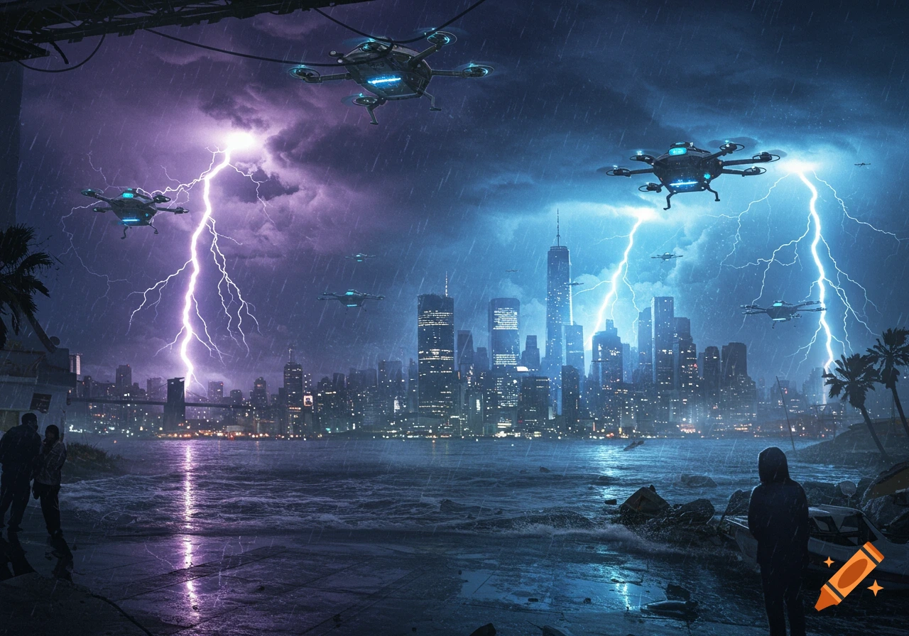 Futuristic city skyline under a stormy sky with dramatic lightning, flying drones, and people on the waterfront.