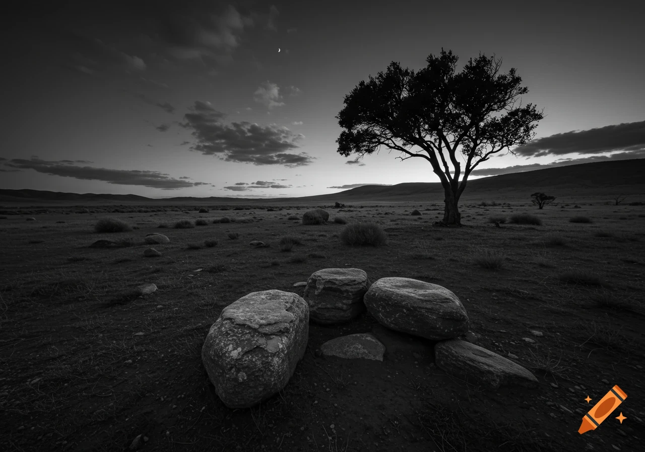 Monochrome landscape at dusk with a silhouetted tree, foreground rocks, distant hills, and a crescent moon in a cloudy sky.