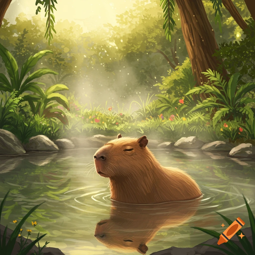 A capybara sits in shallow water in a lush, sunlit forest, its eyes closed in relaxation, with its reflection visible below.