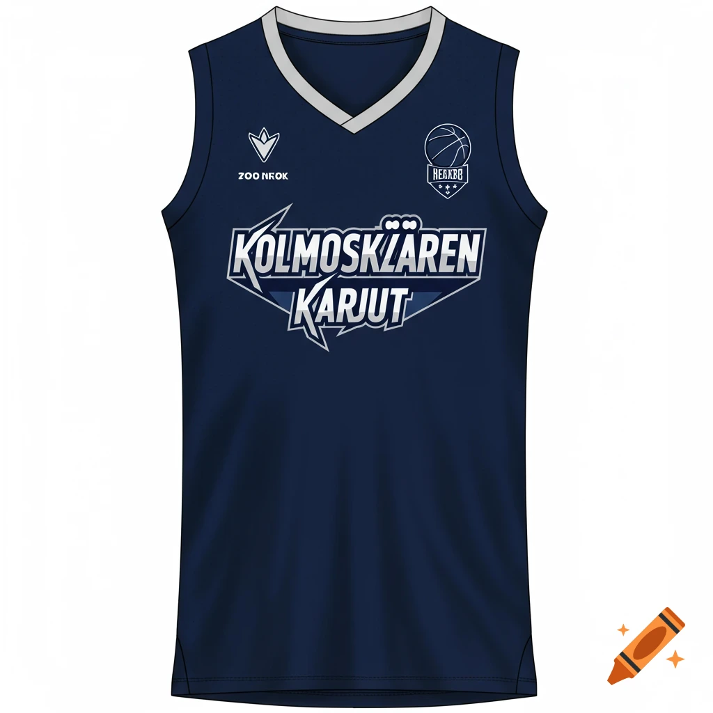 A navy blue basketball jersey with a white V-neck collar, featuring the text "KOLMOSKÄREN KARJUT" in white and light blue across the chest, and smaller logos "ZOO NROK" and "HEAKRO" with a basketball symbol above the text.