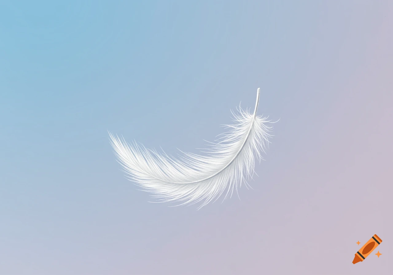 A single white feather floats gently on a soft blue and pink gradient background.