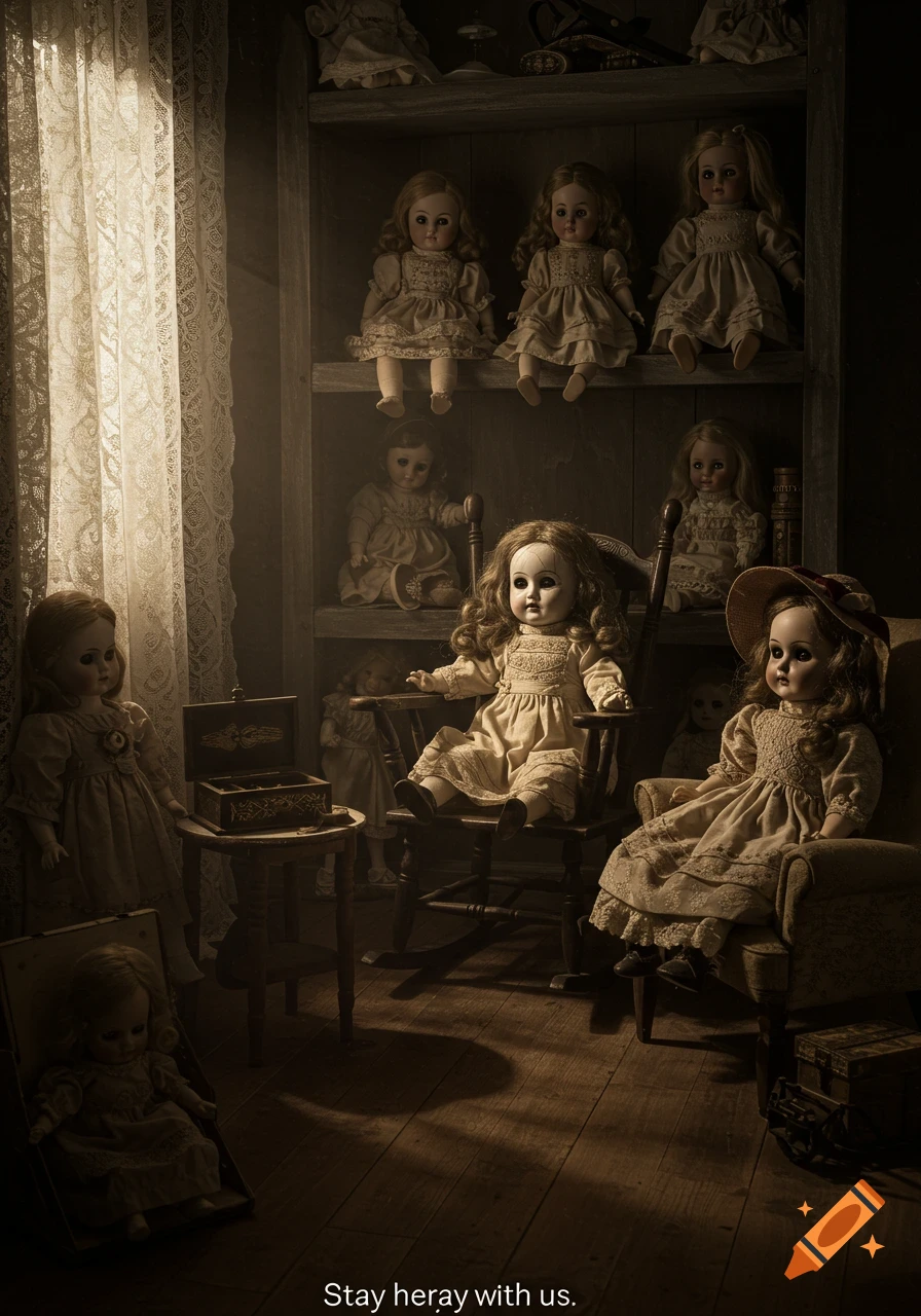 A dimly lit room filled with antique, eerie-looking dolls. Some sit on shelves, others in chairs, with the text "Stay heray with us." at the bottom.
