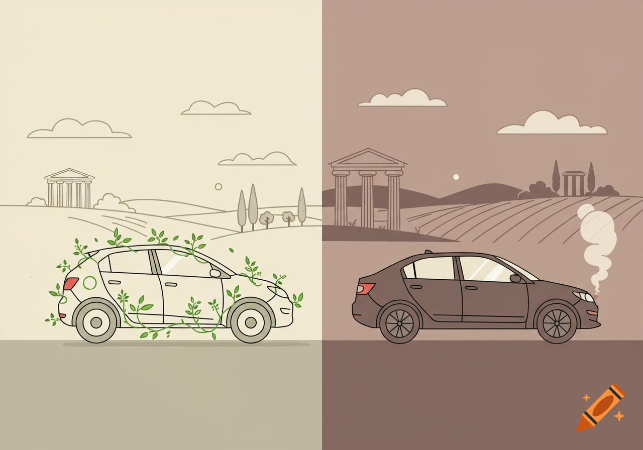 Split illustration of two cars. Left: green car with vines on a light background. Right: brown car emitting smoke on a dark background.