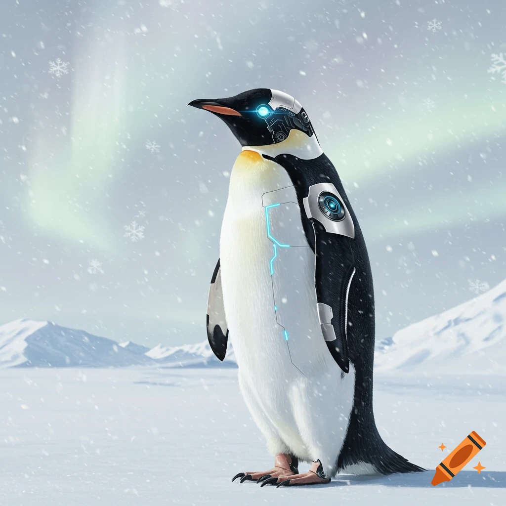 A photorealistic cyborg penguin with glowing blue accents stands in a snowy arctic landscape under aurora lights.