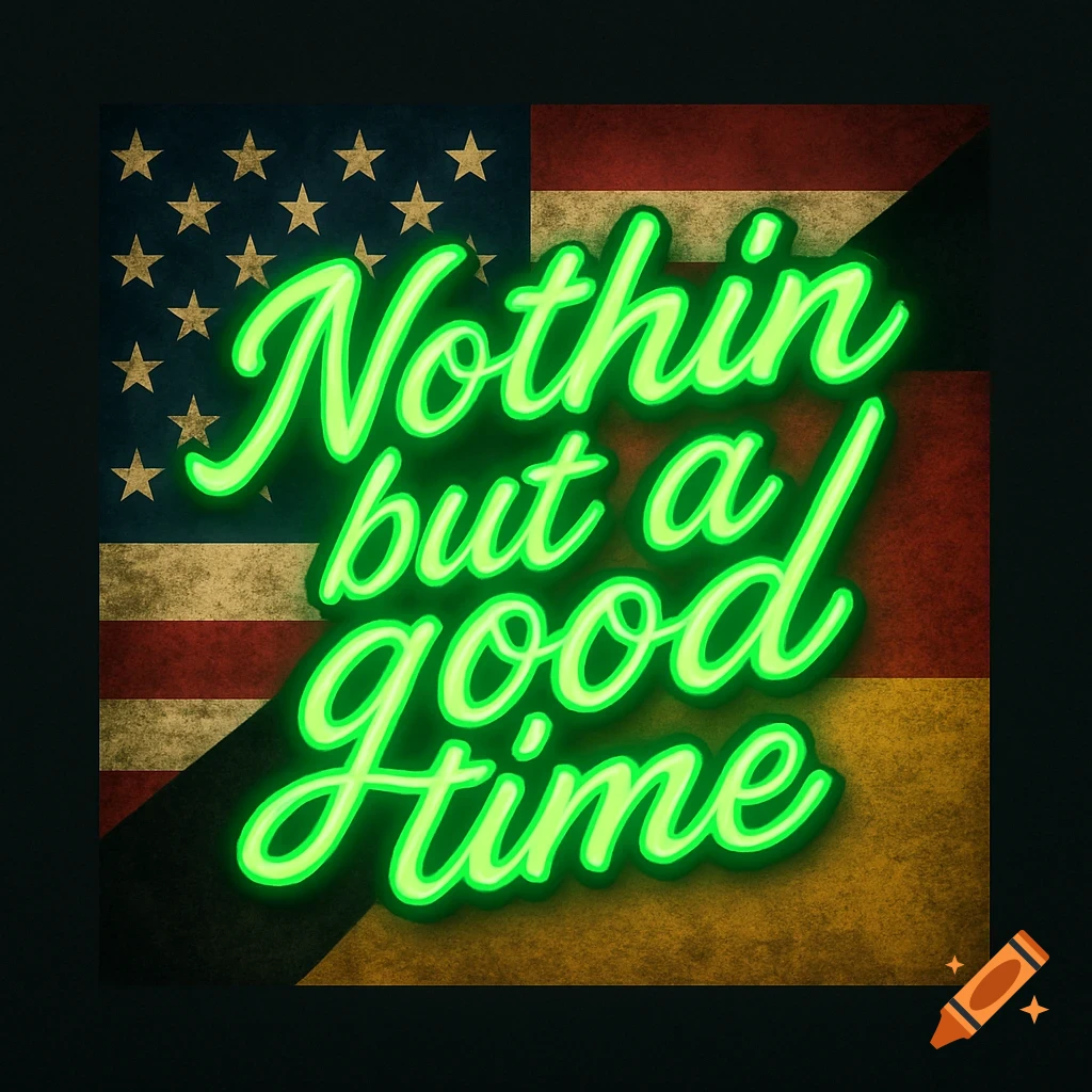 Neon green 'Nothin but a good time' text over a distressed split background of the American and German flags.